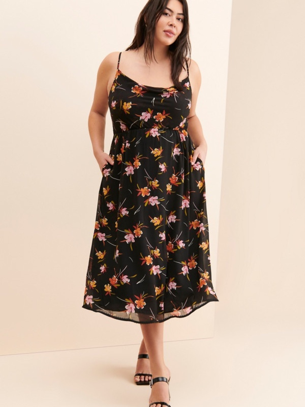 Lost + Wander Black Floral Midi Dress with Pink & Orange Blooms